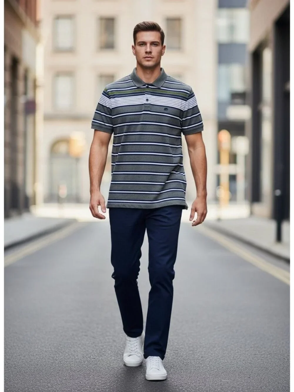 Banana Republic Mens XL Gray Navy Green Stripe Short Sleeve Polo Shirt Cotton